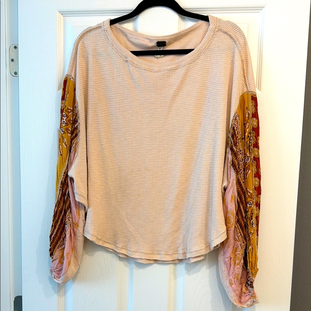 Free People Cream Waffle Knit Pullover with Mustard & Rose Patterned Sleeves